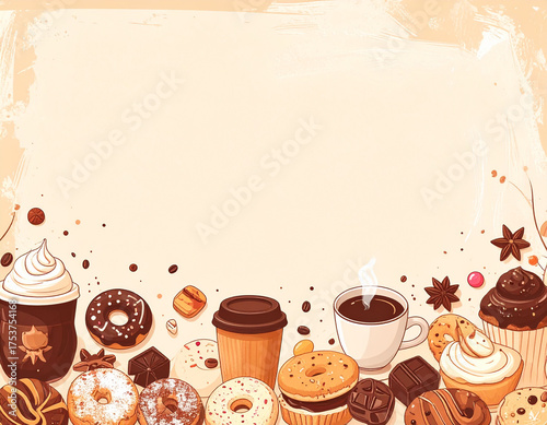 Hand-Drawn Watercolor Border of Cozy Coffee and Assorted Sweet Pastries.
