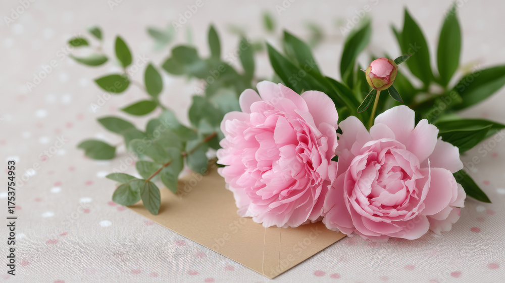 Fototapeta premium Two Blooming Pink Peonies with Bud and Eucalyptus on Kraft Envelope