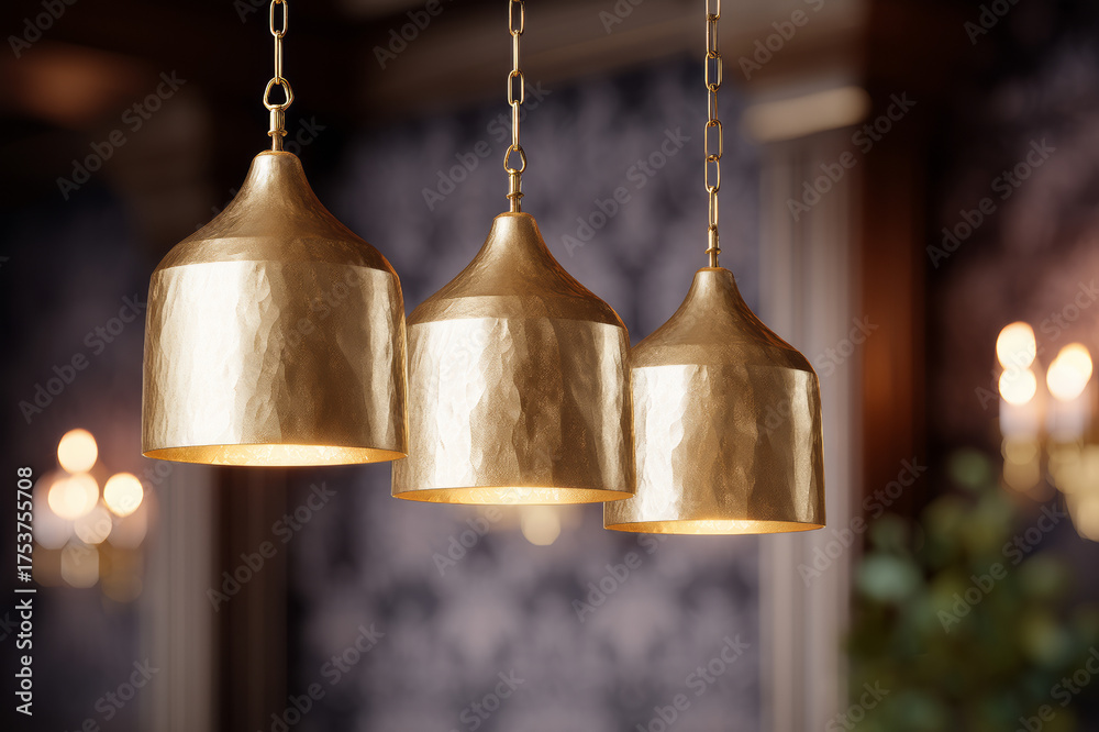 Obraz premium Three Gold Art Deco Pendant Lamps with Warm Glow in Elegant Interior