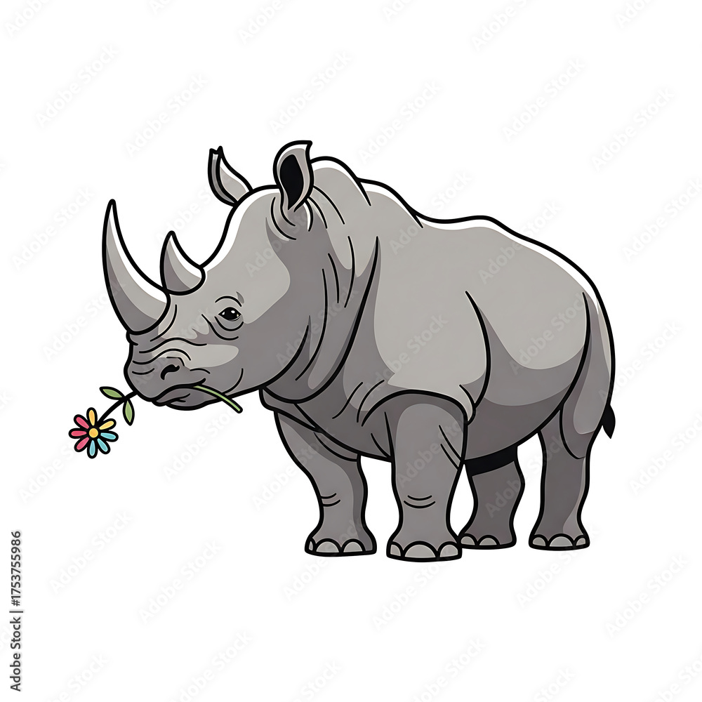 Fototapeta premium Cute cartoon illustration of a rhinoceros holding a colorful flower in its mouth, symbolizing gentleness, peace, and wildlife conservation.