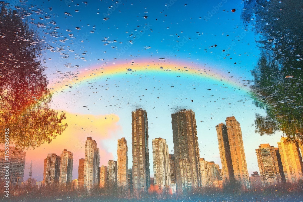 Fototapeta premium Urban reflection of skyline with rainbow on water surface