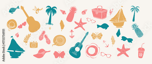 Hand Drawn Summer Elements Including Tropical Icons, Accessories, and Beach Symbols