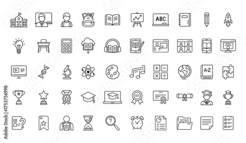 Education Vector Icon Set – School, Student, Teacher, Book, Graduation, Online Learning, Classroom, Teaching, Study, Knowledge, success, Academic Symbols