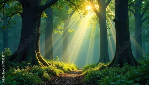 Ancient Forest Sunlight Dappling Through Majestic Trees Serene and Mystical Nature Scene