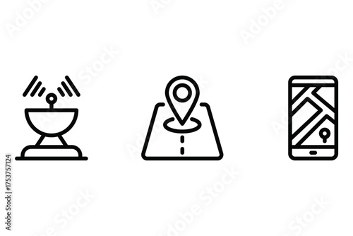 Navigation Icon Set – Satellite, Map Road, and Smartphone Map