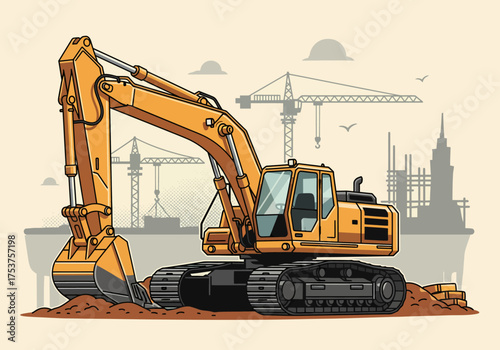 Vibrant Yellow Excavator Illustration at a Busy Urban Construction Site