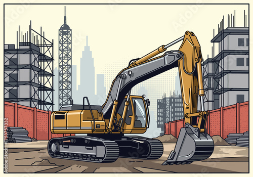 Yellow excavator on construction site with unfinished buildings