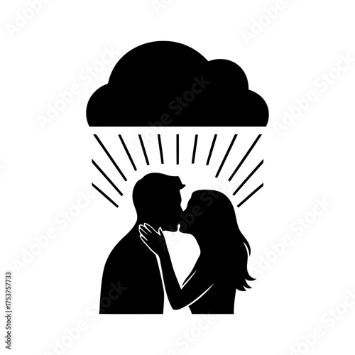 Valentine couple kissing vector art of silhouette of a couple kissing under rain