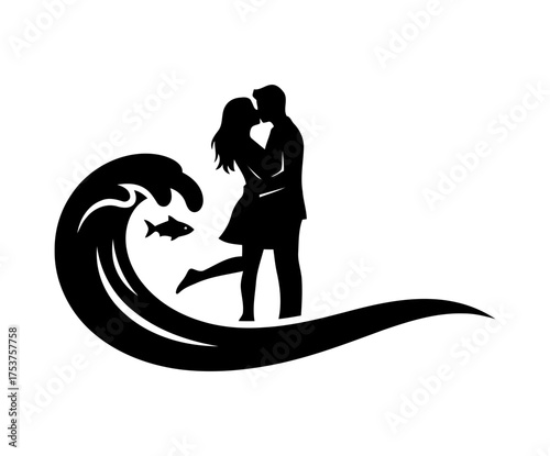 Valentine couple kissing vector art of silhouette of a couple kissing by the sea