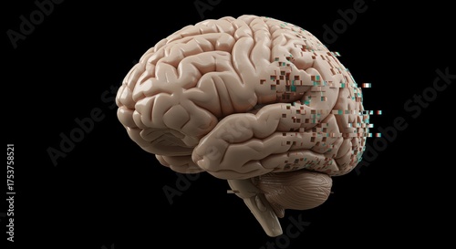 digital transformation of human brain with pixel effect on black background