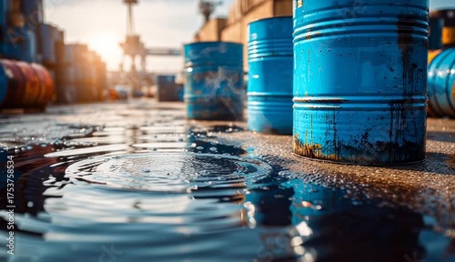 Blue barrels leak black liquid onto concrete floor. Industrial area with stacked drums, sunlight shines on spill. Chemical hazard, waste material, oil substance.