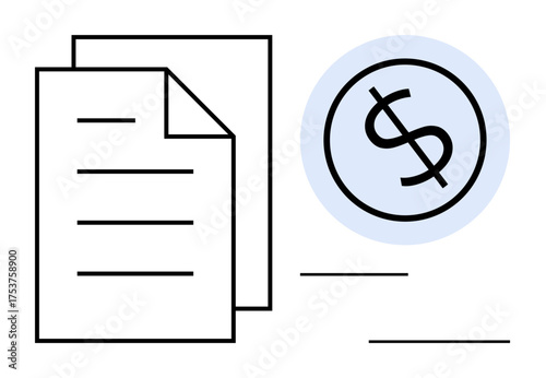 Two documents and a dollar sign enclosed in a circle representing finance, paperwork, and accounting. Ideal for business, finance, budgeting, contracts, transactions, payments savings simple flat