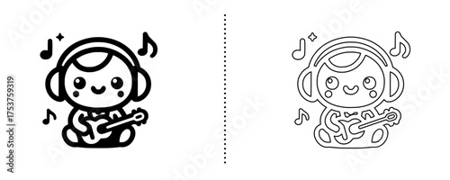 Cute kawaii character playing guitar with headphones and music notes vector icon in solid and outline style.