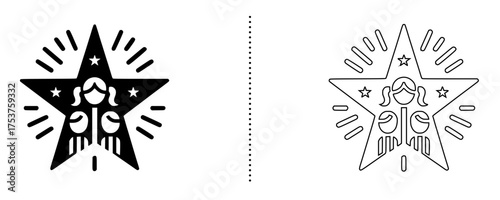 Celebrity star icon famous person silhouette inside shining star symbol modern black and outline vector design representing fame, achievement, talent, and success in entertainment or awards.
