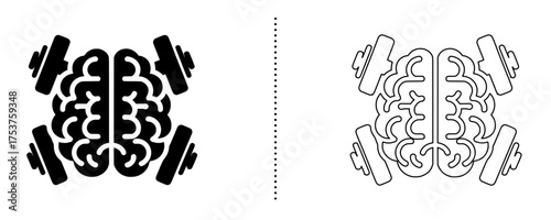 Brain with dumbbells icon in solid and outline style representing mental strength, intelligence training, and cognitive fitness