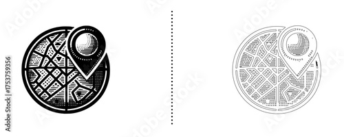 Map and location pin icon in solid and outline style representing navigation, GPS, travel, and geolocation concepts