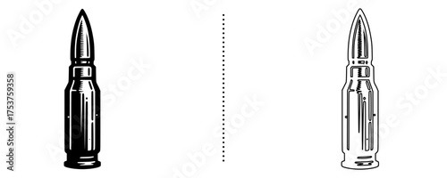 Bullet cartridge icon in solid and outline style representing ammunition, defense, firearms, military, weaponry, and tactical equipment