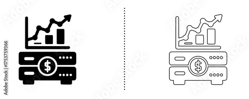 Data analytics and financial growth icon showing upward graph over database servers with dollar symbol, representing business profit, fintech, investment, and economic analysis