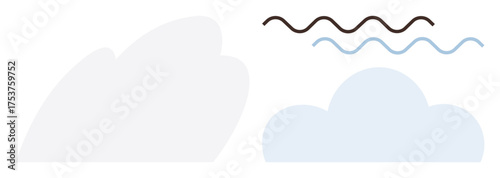 Two clouds, one white and one light blue, with abstract black and blue wavy lines. Ideal for nature, weather, tranquility, simplicity, abstract concepts serenity digital design. Simple flat