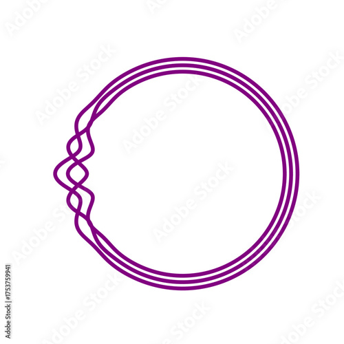 Modern asymmetrical mandala frame, unique purple geometric circular border with triple line effect and dynamic overlapping wave, minimalist abstract design for branding, decor, invitations, and web