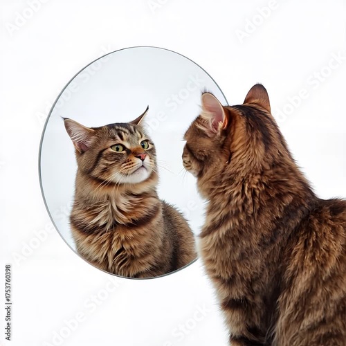 Brown tabby cat looking in mirror with curious expression  