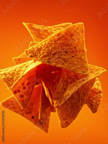 Crunchy tortilla chips stacked against vibrant orange background  