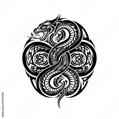 Intricate tribal serpent design with Celtic knot accents, perfect for tattoo art or powerful logo emblem, evoking strength and mystery