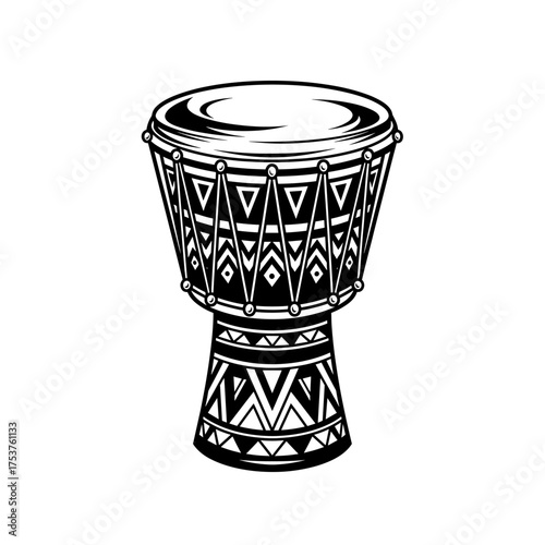 Rhythmic tribal djembe drum illustration with bold geometric patterns, perfect for music posters, world culture designs, and artistic projects