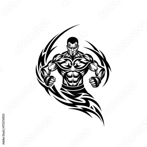 Powerful MMA fighter graphic with tribal tattoo design makes a bold statement, perfect for fitness brands, apparel, or sports-themed content