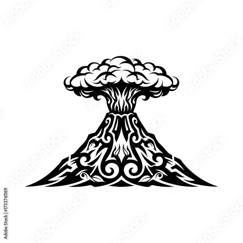 Striking volcano eruption design for unique tattoos and logo design projects, bold black and white tribal style art for custom apparel and graphic elements