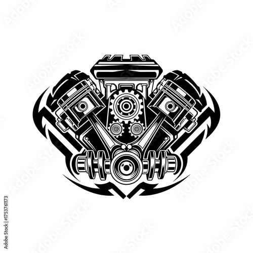 Bold engine pistons and gears design symbolizes automotive power and mechanical strength, perfect for logos, brands or eye-catching apparel prints