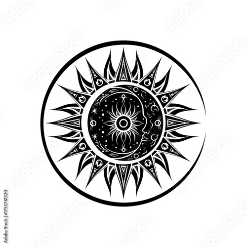 Elegant sun and moon design with intricate celestial details creates a mystical bohemian vibe perfect for spiritual themes and artistic projects
