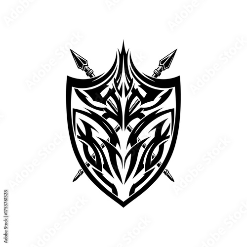 Bold shield emblem with crossed spears design for warrior logo, gaming clan, or fantasy brand, representing strength, protection, and epic battles