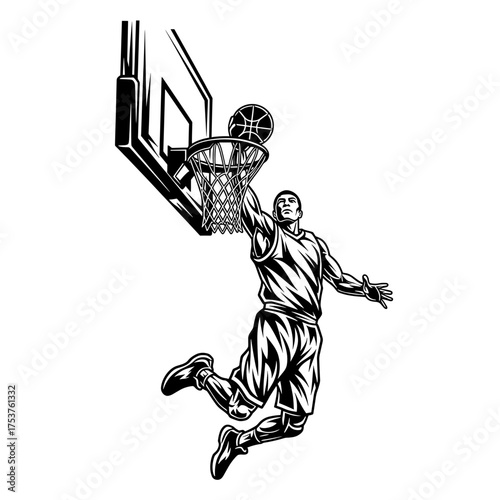Dynamic basketball player soaring for a powerful slam dunk, embodying athleticism and determination for sports marketing or team branding projects