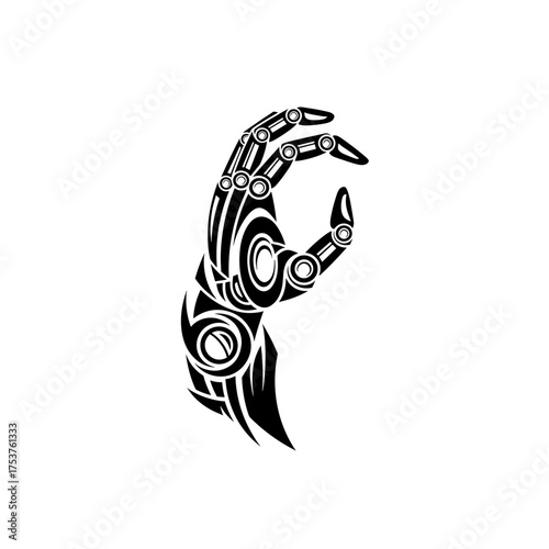 Futuristic robot hand in sleek black design, perfect for tech branding, gaming visuals, or modern tattoo art, conveying innovation and cutting-edge technology