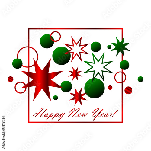 Happy New Year banner, square frame with circles and stars, vector illustration.