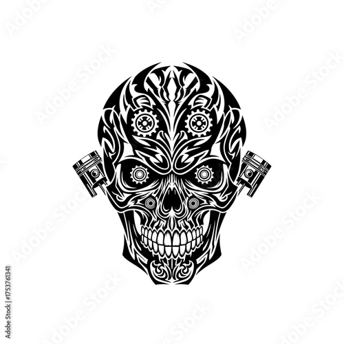 Striking skull design with engine pistons for edgy apparel or tattoo art showcasing mechanical details and dramatic flair perfect for bold designs