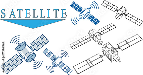 Three satellites orbiting in space with communication waves and a satellite label