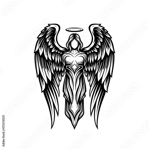 Elegant angel with halo and wings in detailed monochrome design, perfect for faith-based projects or spiritual art prints with a touch of serenity and grace