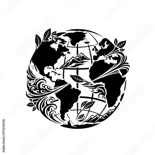 Sustainable Earth graphic with organic swirls and mountain range for eco-friendly brand identity, promoting environmental awareness and conservation projects