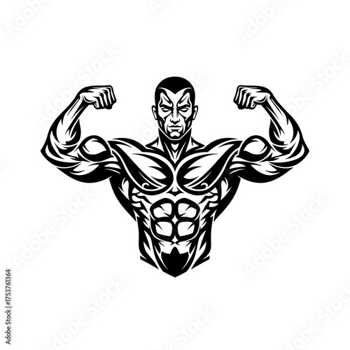 Powerful bodybuilder flexing muscular physique with striking stylized design for fitness brand, sports logo, or gym promotion, exuding strength and determination