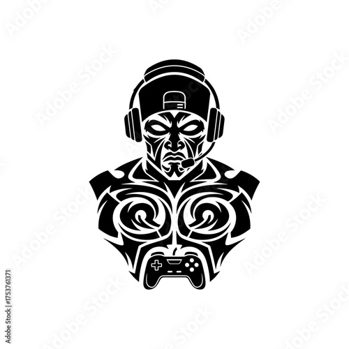 Intense gamer with headset and controller, esports avatar, modern design for streaming channels and gaming communities, bold and edgy graphic