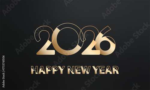 Card or banner to wish a happy new year 2026 in gold and black on a black background