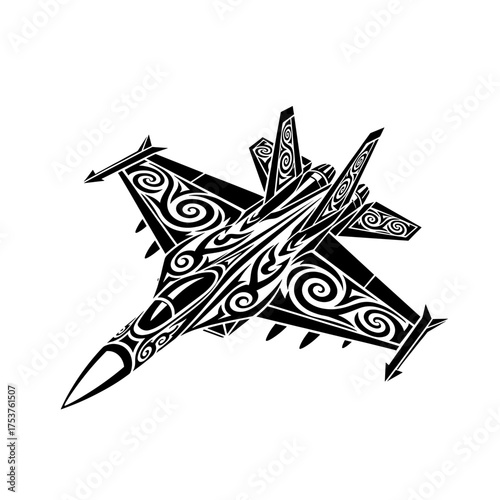 Dramatic fighter jet art with tribal swirls, creating a bold statement for aviation enthusiasts and unique design projects with powerful visual impact
