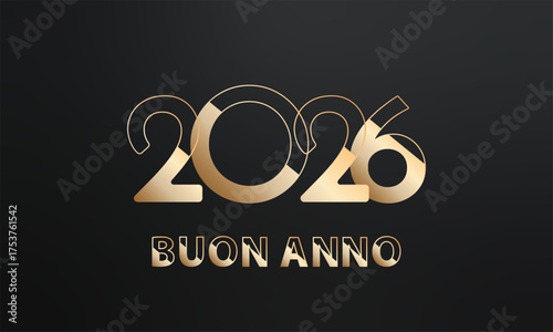 Biglietto o striscione per augurare un felice anno nuovo 2026 in oro e nero su sfondo nero