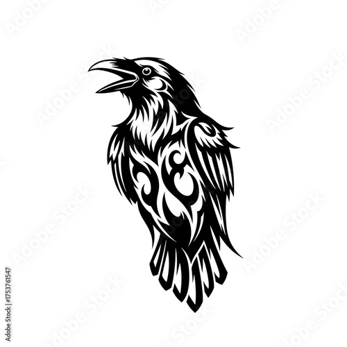Bold raven design, tribal artwork with striking graphic details for tattoos, logos, and branding, a unique and powerful symbol perfect for creative projects