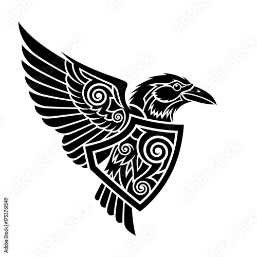 Majestic raven with a shield in flight, evoking ancient mythology and powerful symbolism for your creative projects, striking black and white design