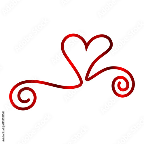 Red heart linear drawing with swirls, vector illustration.