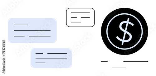 Dollar sign surrounded by abstract speech bubbles implying financial talk and decision-making. Ideal for finance, communication, economy, banking, transactions, budgeting, simple flat metaphor