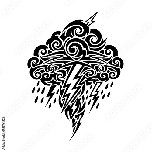Dynamic black tribal cloud design with rain and lightning bolts for modern tattoo art or striking weather-themed graphics, bold and unforgettable